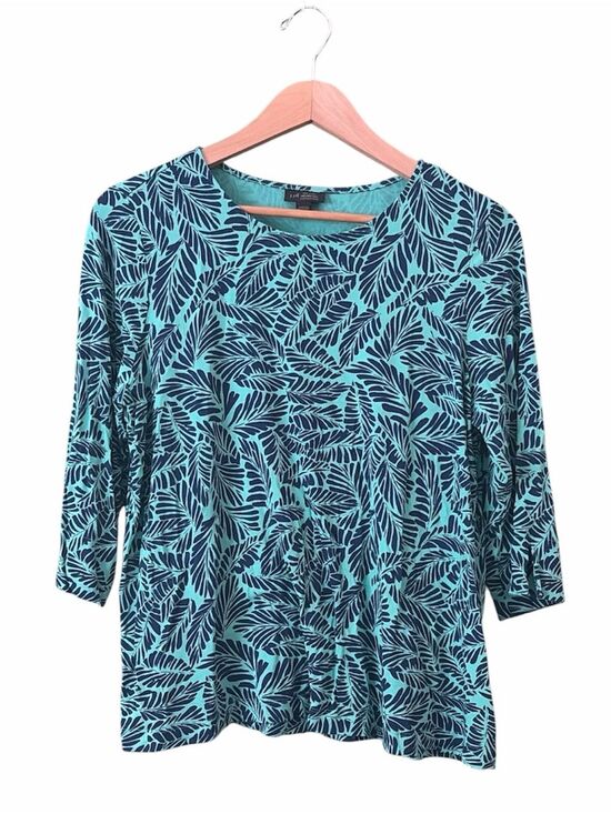 J. Jill Tops - J. Jill Teal and Navy Leaf-Print 3/4 Sleeve Top Sz M